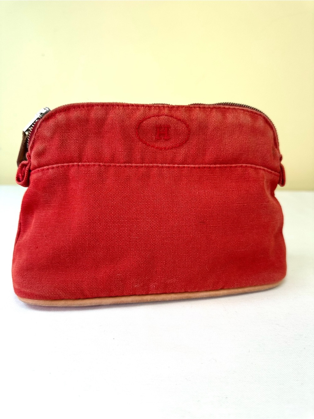 Hermes Bolide Red Canvas & Leather trim zip top pouch